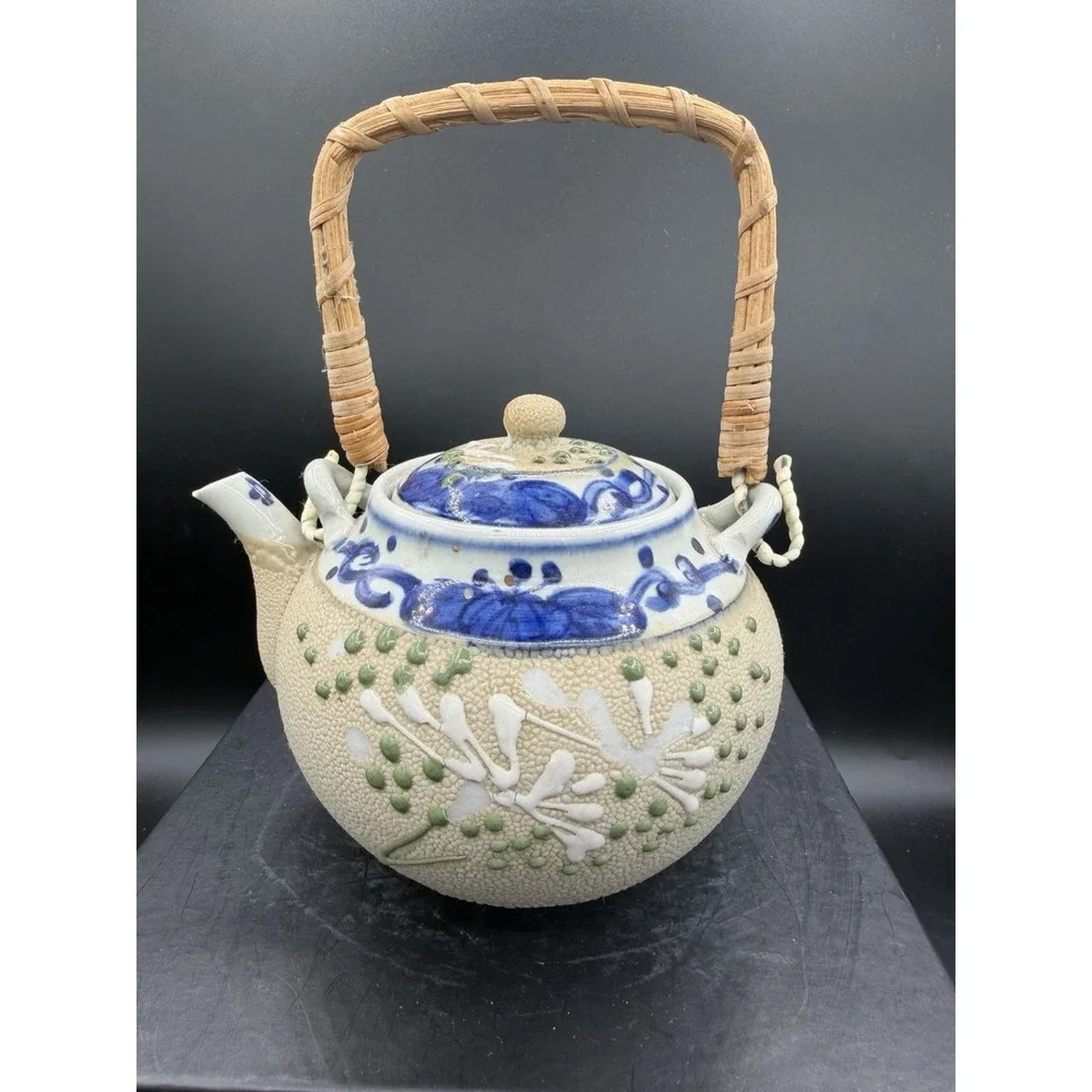 🫖Tokoname-Inspired Ceramic Teapot w/Infuser Bamboo/Rattan Handle Japanese Style